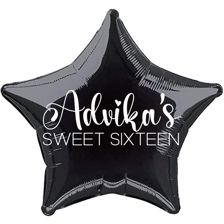 Custom Name/Text/Message Black Star Personalized Balloons For Sixteenth Birthday Party Event. Supports Helium/Air, Luxury Bespoke Balloons Are Perfect To Surprise Your Friends/Siblings/Girlfriend On Their 16Th Birthday. Perfect For Indoor And Outdoor Decorations, Surprise Parties, Room & Hall Decorations.