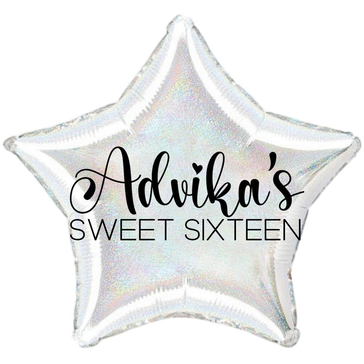 Custom Name/Text/Message Holographic Silver Star Personalized Balloons For Sixteenth Birthday Party Event. Supports Helium/Air, Luxury Bespoke Balloons Are Perfect To Surprise Your Friends/Siblings/Girlfriend On Their 16Th Birthday. Perfect For Indoor And Outdoor Decorations, Surprise Parties, Room & Hall Decorations.