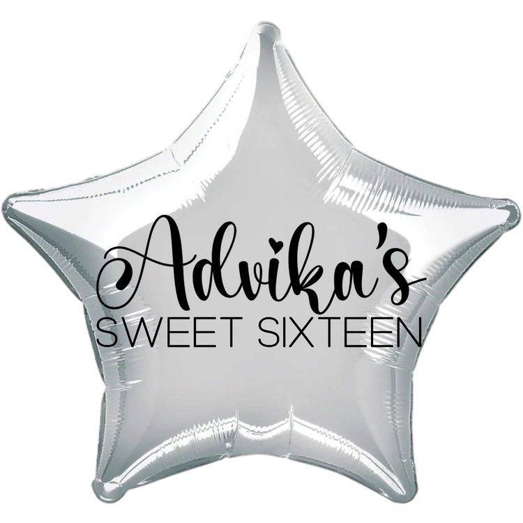 Custom Name/Text/Message Silver Star Personalized Balloons For Sixteenth Birthday Party Event. Supports Helium/Air, Luxury Bespoke Balloons Are Perfect To Surprise Your Friends/Siblings/Girlfriend On Their 16Th Birthday. Perfect For Indoor And Outdoor Decorations, Surprise Parties, Room & Hall Decorations.